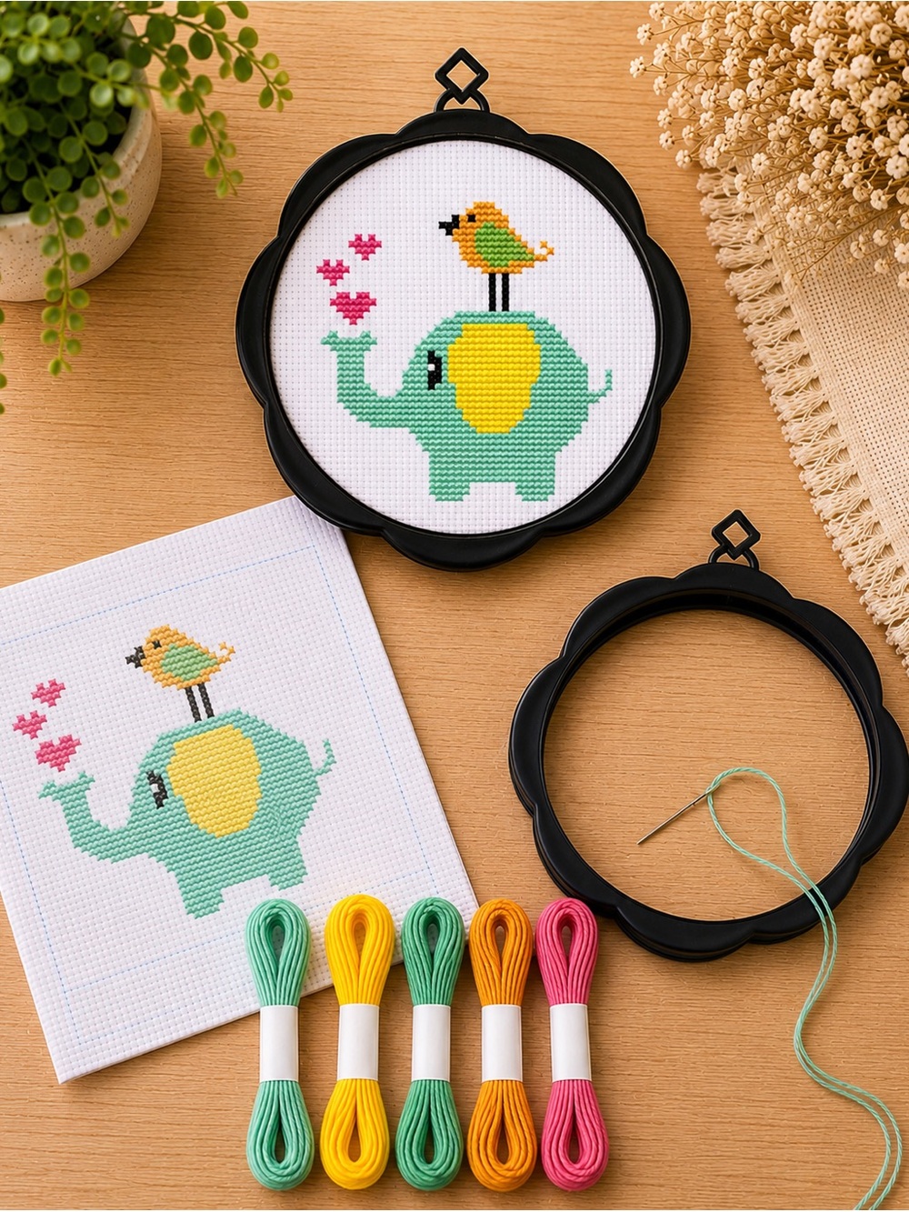 Elephant & Bird Cross Stitch Kit – Stamped Beginner Cross Stitch Kit with Frame